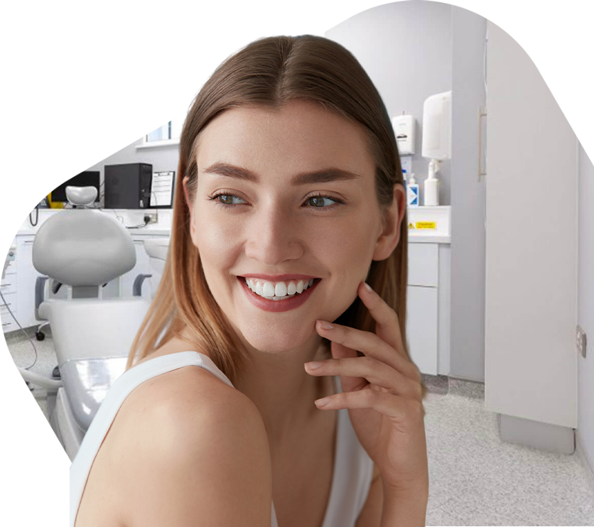 Mosolygó nő egy modern fogászati rendelőben