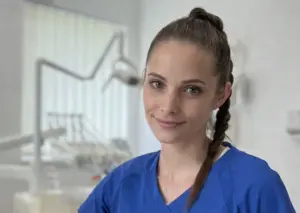 Mosolygó fogorvos színes munkaruhában